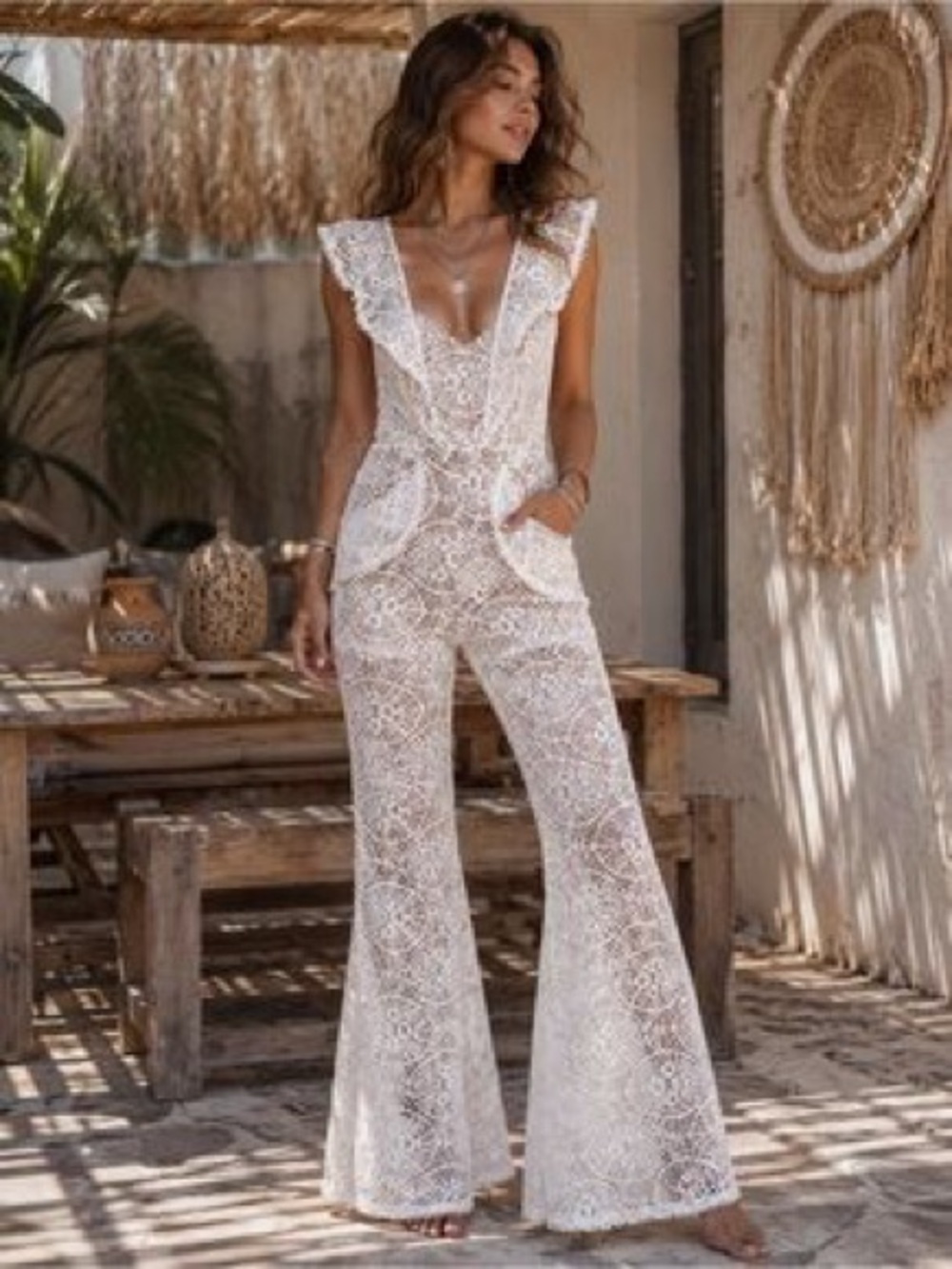 NWT PrettyLittleThing White Lace Flared Jumpsuit with Deep V